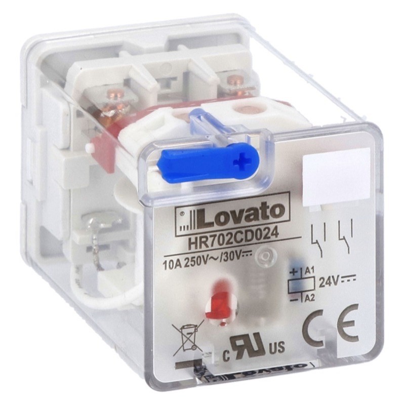 HR702CD110 Lovato Electric HR70 2 Pole 10A Relay 110VDC Coil 2 Change-Over Contact Lockable Test Button and LED Indication