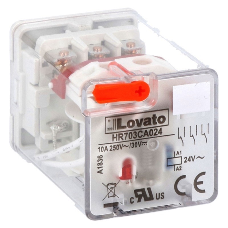 HR703CA230 Lovato HR70 3 Pole 10A Relay 230VAC Coil 3 Change-Over Contact Lockable Test Button and LED Indication