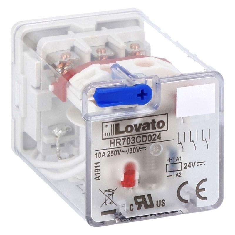 HR703CD110 Lovato HR70 3 Pole 10A Relay 110VDC Coil 3 Change-Over Contact Lockable Test Button and LED Indication