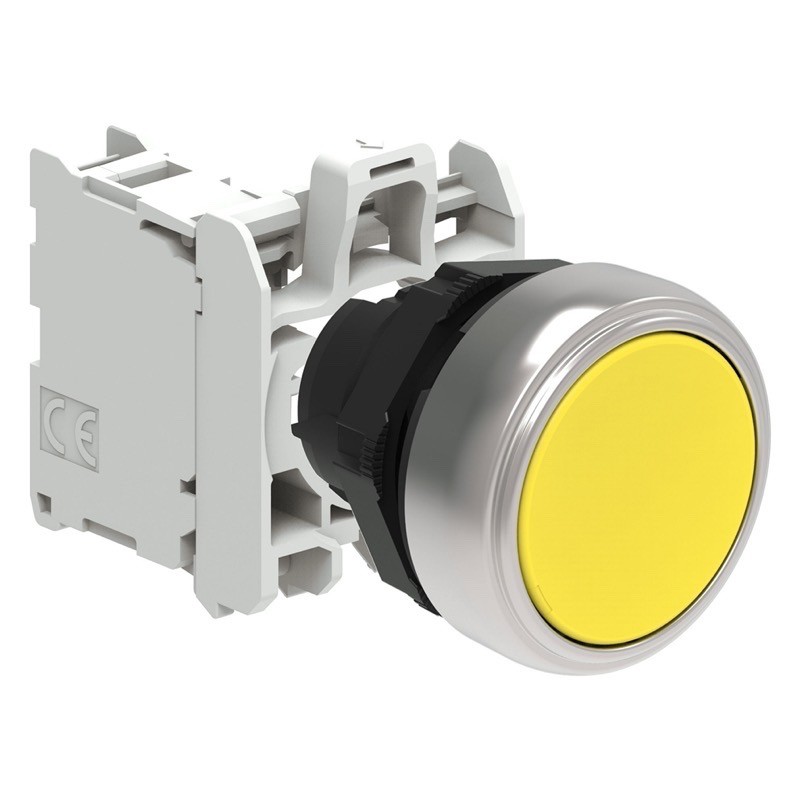 LPCB105C10 Lovato Electric Platinum Yellow Flush Pushbutton Actuator 22.5mm Spring Return with 1 x N/O Contact Block