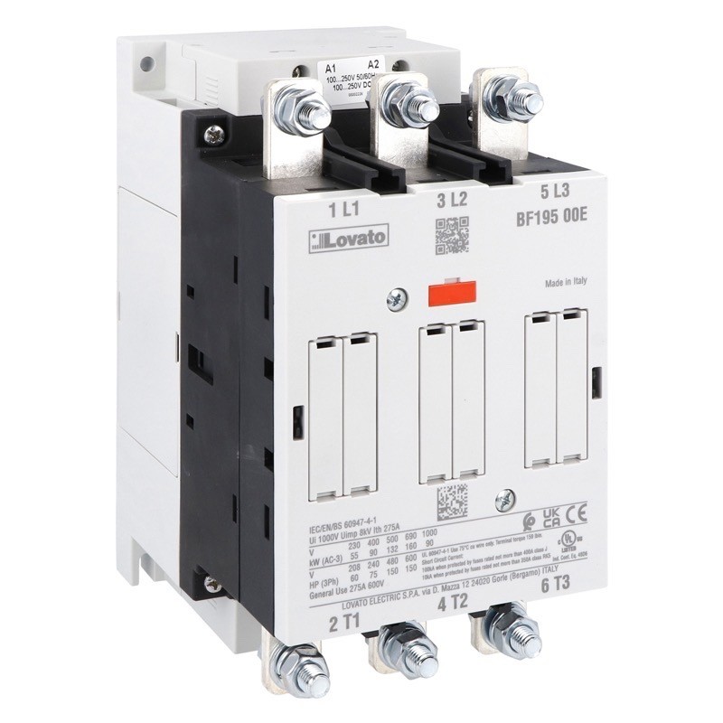 BF19500E230 Lovato Electric BF Series Contactor 3 Pole 195A AC3 90kW No Auxiliary 100-250VAC/DC Coil