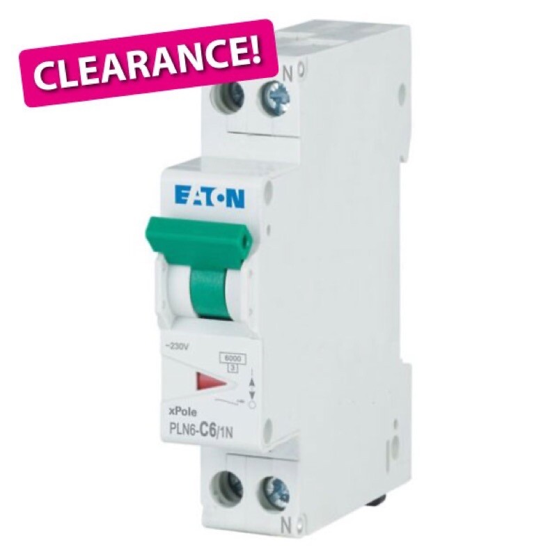 PLN6-C6/1N-MW EATON PLN6 Single Pole + Neutral MCB 6A C Curve Single Module Width