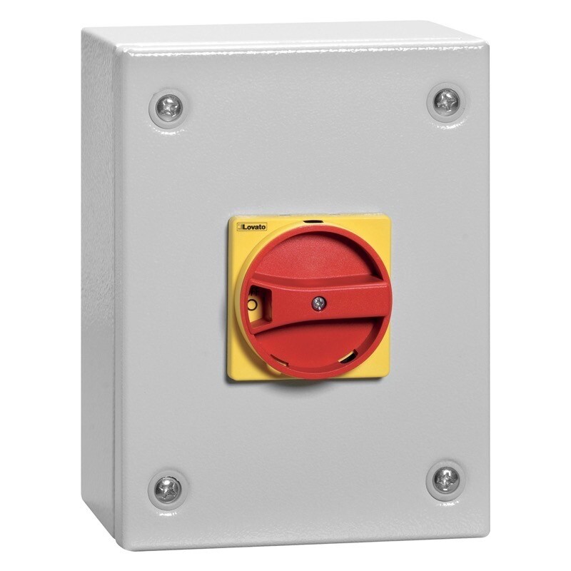 GAZM016 Lovato Electric GAZM 16A 3 Pole Switch Disconnector IP65 Metal Enclosure with Red/Yellow Handle 200H x 150W x 143mmD