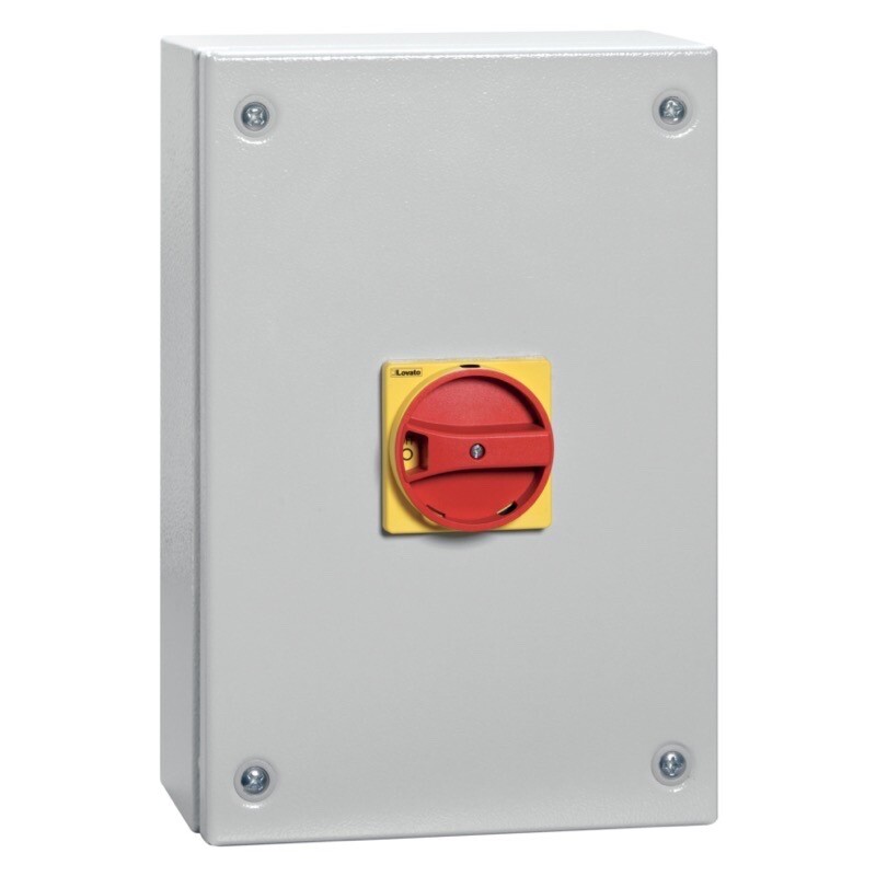 GAZM160 Lovato Electric GAZM 160A 3 Pole Switch Disconnector IP65 Metal Enclosure with Red/Yellow Handle 300H x 200W x 143mmD