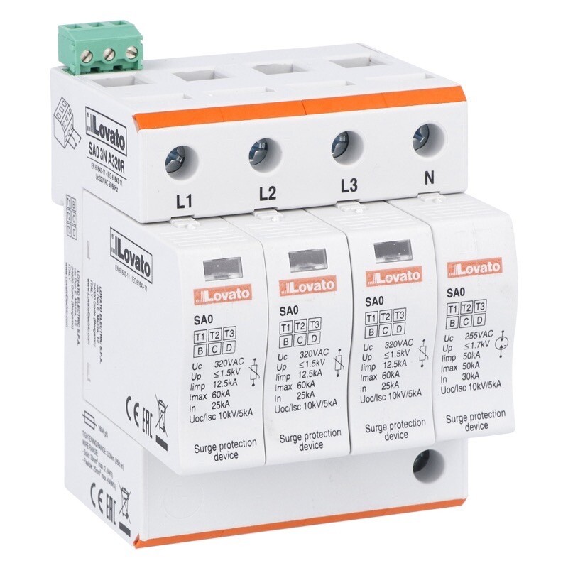 SA03NA320R Lovato SPD Type 1 &amp; 2 with Plug-in Cartridge IEC Impulse Current Iimp (10/350us) 12.5kA Per Pole 3P+N with Remote Contact