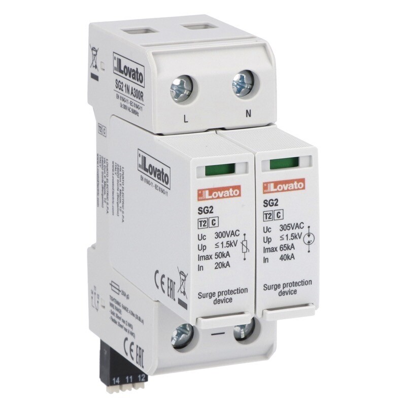 SG21NA300R Lovato SPD Type 2 with Plug-in Cartridge Rated Discharge Current In (8/20us) 20kA Per Pole 1P+N with Remote Contact