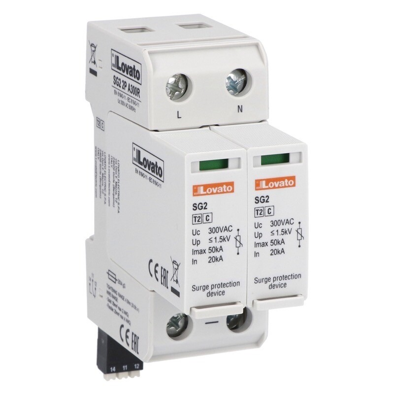 SG22PA300R Lovato SPD Type 2 with Plug-in Cartridge Rated Discharge Current In (8/20us) 20kA Per Pole 2P with Remote Contact