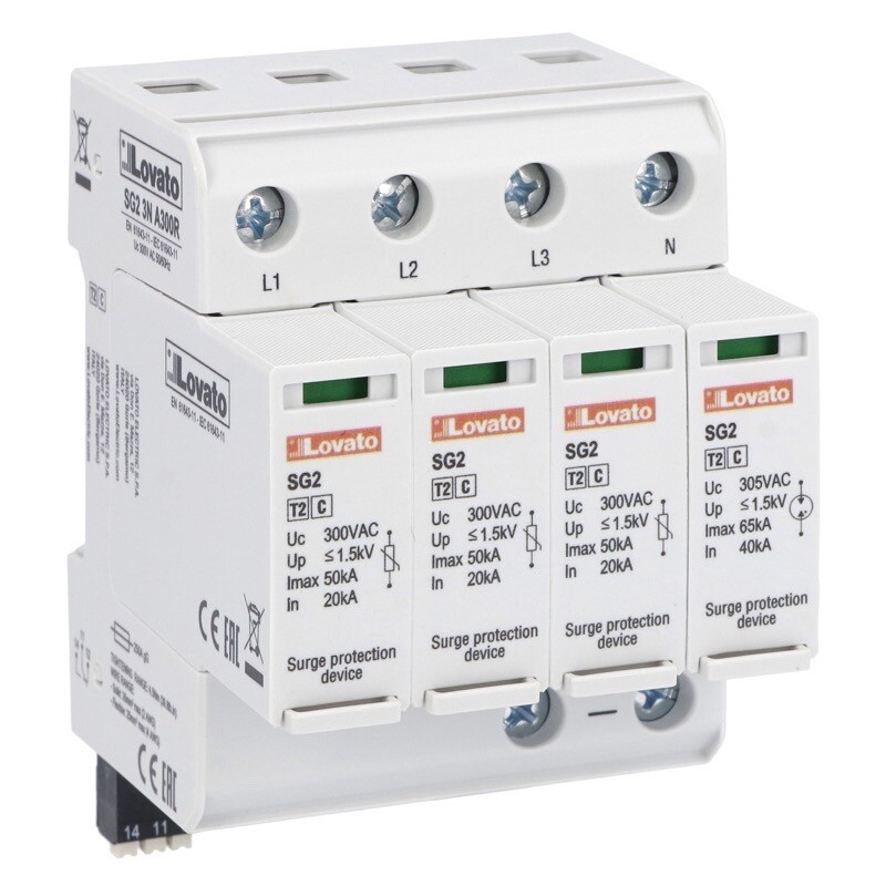SG23NA300R Lovato SPD Type 2 with Plug-in Cartridge Rated Discharge Current In (8/20us) 20kA Per Pole 3P+N with Remote Contact