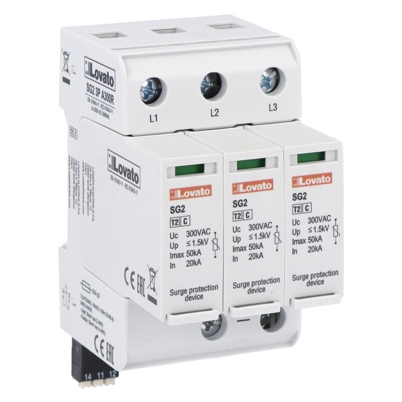 SG23PA300R Lovato SPD Type 2 with Plug-in Cartridge Rated Discharge Current In (8/20us) 20kA Per Pole 3P with Remote Contact