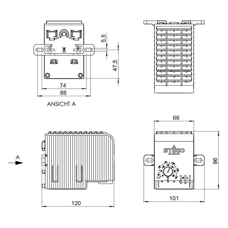 03233.9-00 STEGO CS 032 Plus Enclosure Heater with Fan 600-1200W 100-120V AC Setting Range 0 to 60oC DIN Rail Mount &amp; Screw Fixing