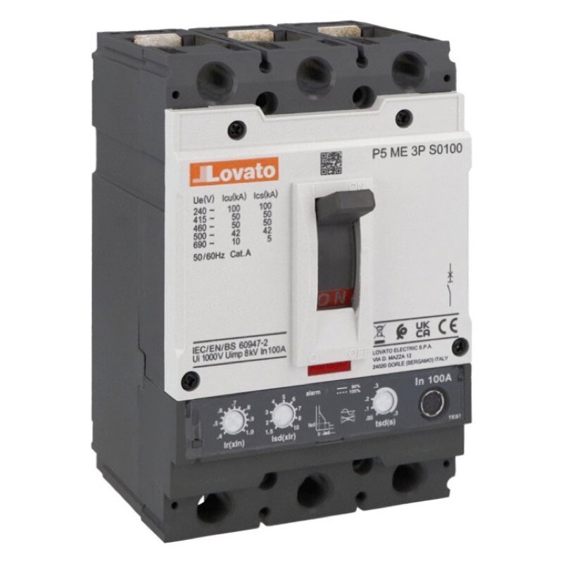 P5ME3PS0160 Lovato MCCB Three-pole IEC Standard 160A Icu 50kA at 400V Electronic Overload Trip Adjustment Range: 64-160A 