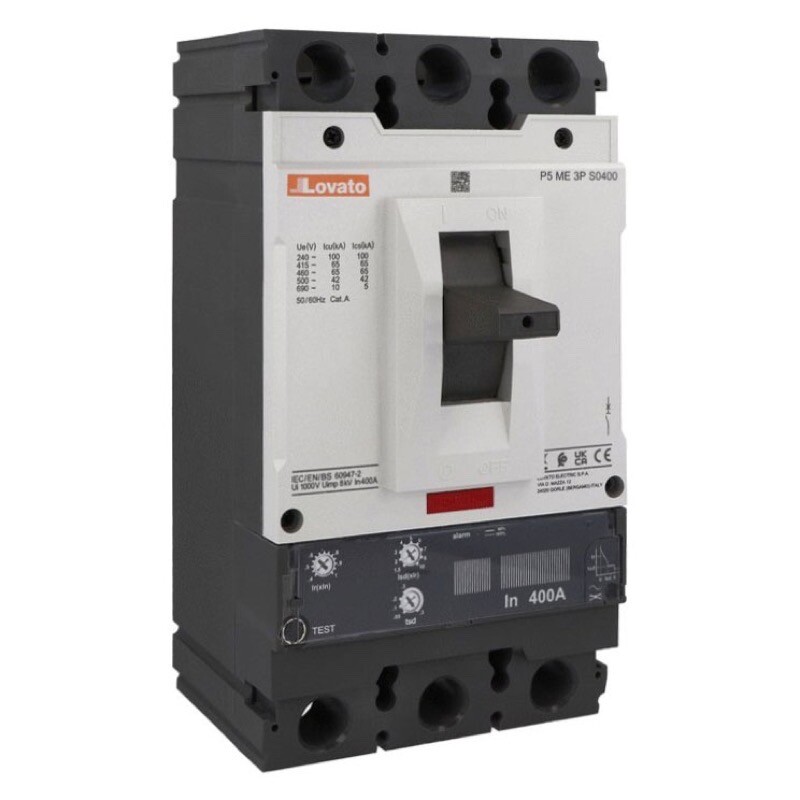P5ME3PS0400 Lovato MCCB Three-pole IEC Standard 400A Icu 65kA at 400V Electronic Overload Trip Adjustment Range: 160-400A 