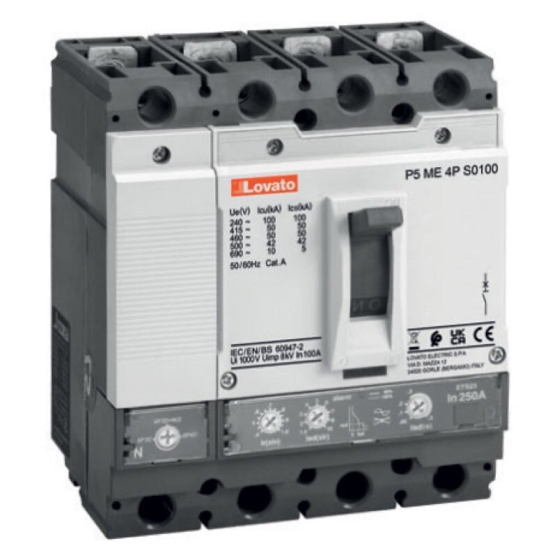 P5ME4PS0160 Lovato MCCB Four-pole IEC Standard 160A Icu 50kA at 400V Electronic Overload Trip Adjustment Range: 64-160A 