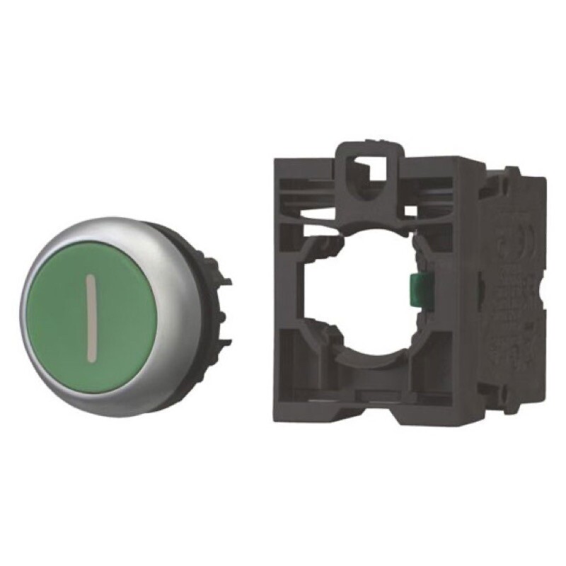 M22-D-G-X1/K10 Eaton RMQ-Titian Green Flush Pushbutton Actuator with &#039;I&#039; Symbol 22.5mm Spring Return (Momentary) 1x N/O    