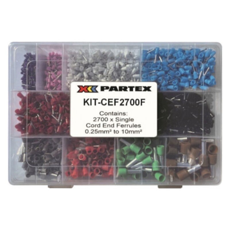 KIT-CEF2700-F Partex Single Ferrule Kit (French) from 0.25mm2 to 10mm2 Supplied in a Robust Plastic Box with a Hinged Lid