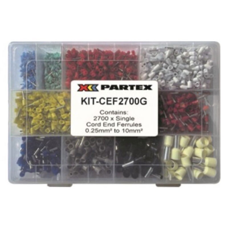 KIT-CEF2700-G Partex Single Ferrule Kit (German) from 0.25mm2 to 10mm2 Supplied in a Robust Plastic Box with a Hinged Lid