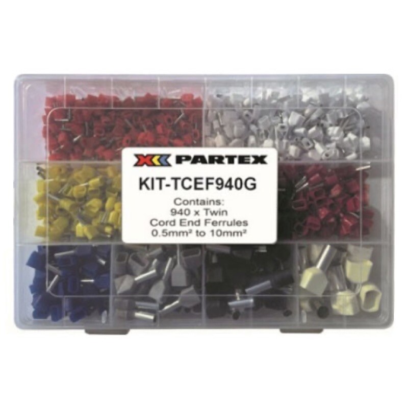 KIT-TCEF940-G Partex Twin Ferrule Kit (German) from 0.5mm2 to 10mm2 Supplied in a Robust Plastic Box with a Hinged Lid