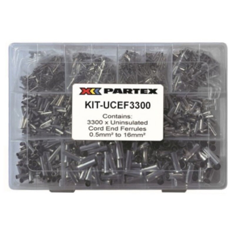 KIT-UCEF3300 Partex Uninsulated Ferrule Kits from 0.5mm2 to 16mm2 Supplied in a Robust Plastic Box with a Hinged Lid