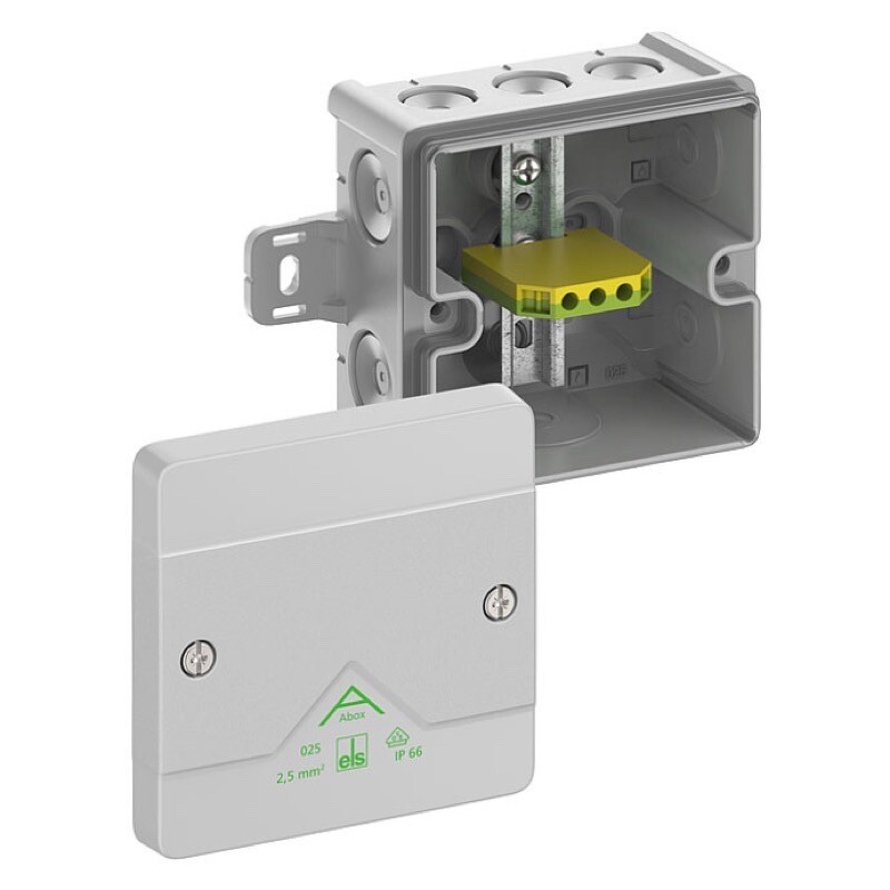 80442701 Spelsberg Abox 025 AB-Pot 87 x 87 x 52mmD Grey with 1 x PE Terminal Block 4mm2 with External Fixing Lugs IP66