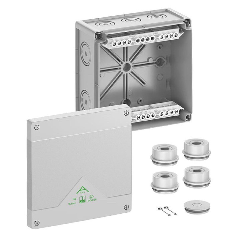 81642001 Spelsberg Abox 160-16 Polystyrene 182 x 182 x 90mmD Grey with Raised Screw Terminal Block 5 Pole 16mm2 IP66