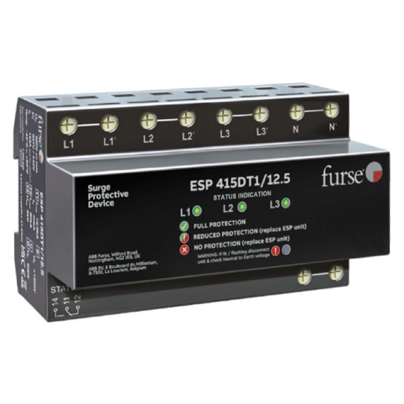 7TCA085465R0002 ABB Furse ESP 415DT1/12.5 Three Phase Enhanced Type 1+2+3 12.5kA Surge Protection Device DIN Rail