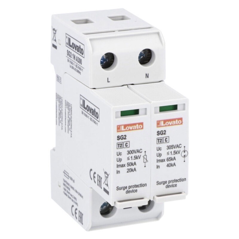 SG21NA300 Lovato SPD Type 2 with Plug-in Cartridge Rated Discharge Current In (8/20us) 20kA Per Pole 1P+N