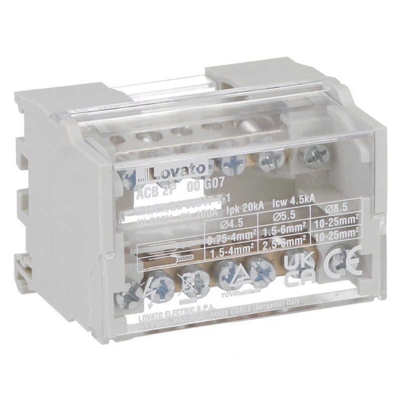 ACB2P100G07 Lovato ACB Power Distribution Block Two-pole 100A 7 Terminals