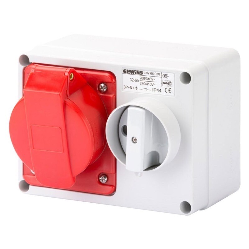 GW66019 Gewiss IEC 309 IB Range Fixed Interlocked Horizontal Socket Outlet 3P+E 32A 380-415V - 50/60HZ 6H - IP44